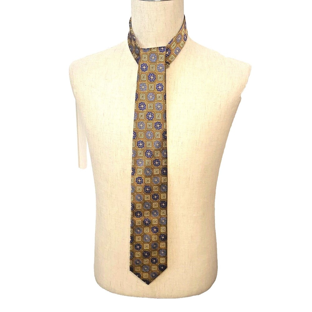Jos A Bank 100% Silk Neck Tie Signature Collection Geometric Floral Gold Blue